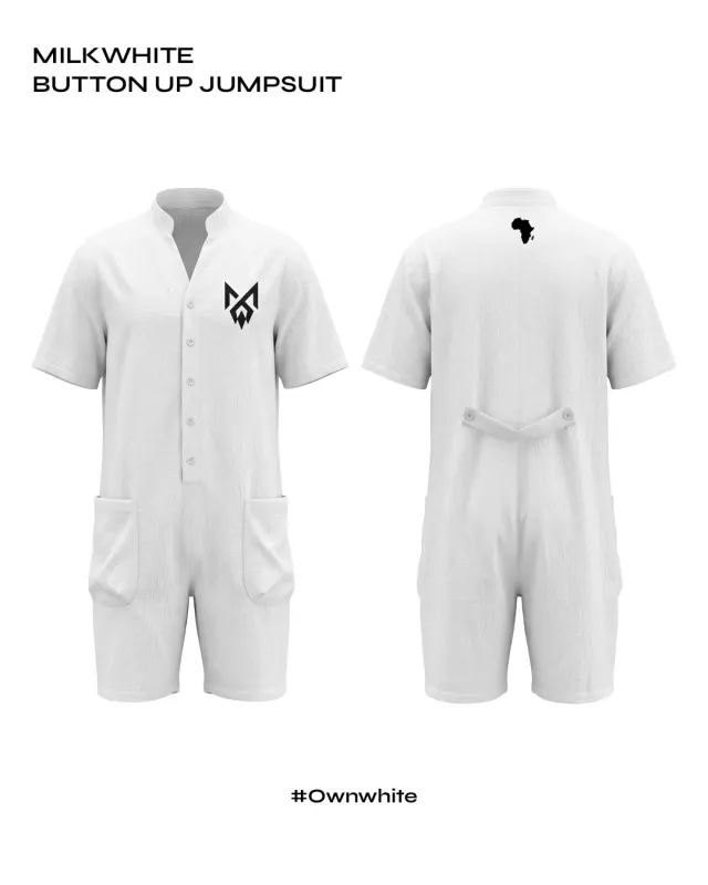 White MilkWhite Button Up Jumpsuit shown from the front and back in Essentials campaign artwork
